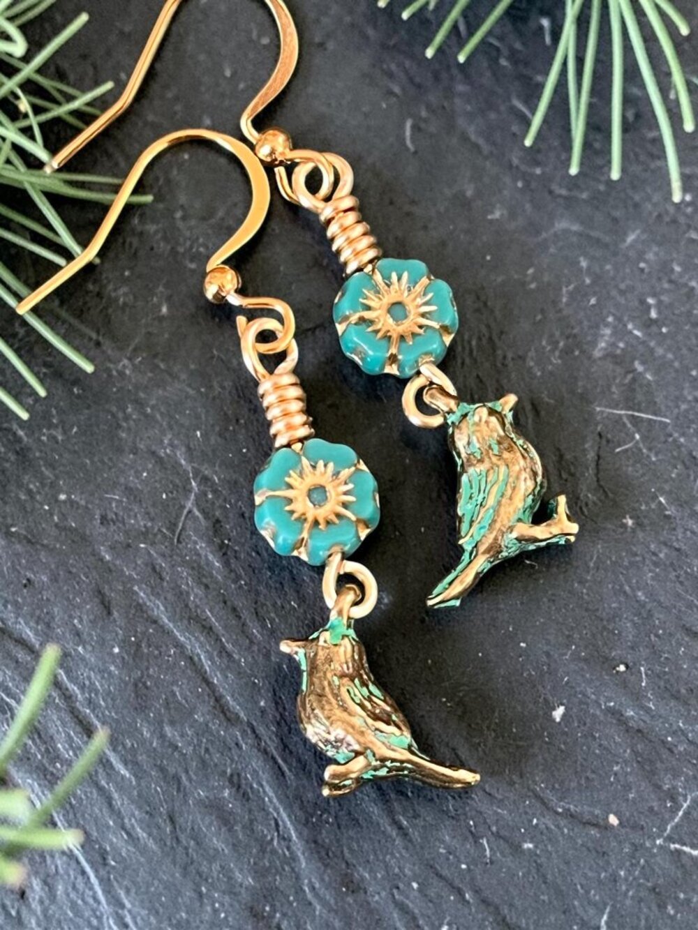 Petite Turquoise Flower Bird Earrings | Boho Nature Dangle Earrings